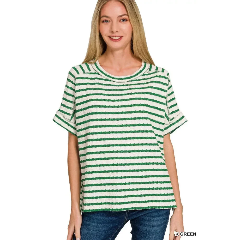 Zenana Stripe Jacquard Round-Meck Tee